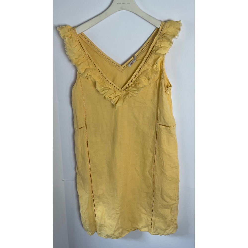 Faherty Yellow Linen Ruffle V-Neck Mini Dress Ellis Lace Lined Womens Size M